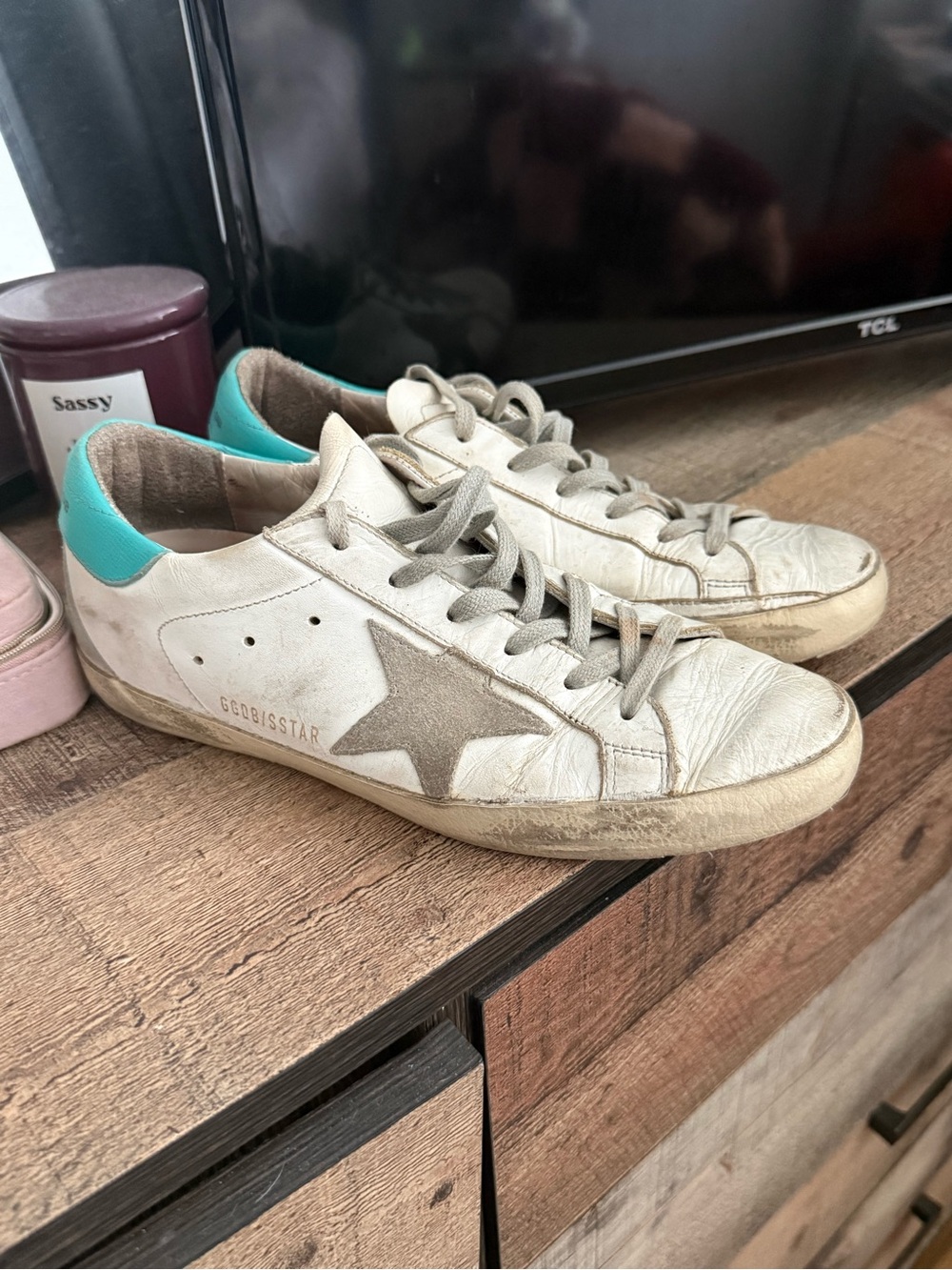 Golden Goose White Leather Sneakers with Teal Heel and Gray Star